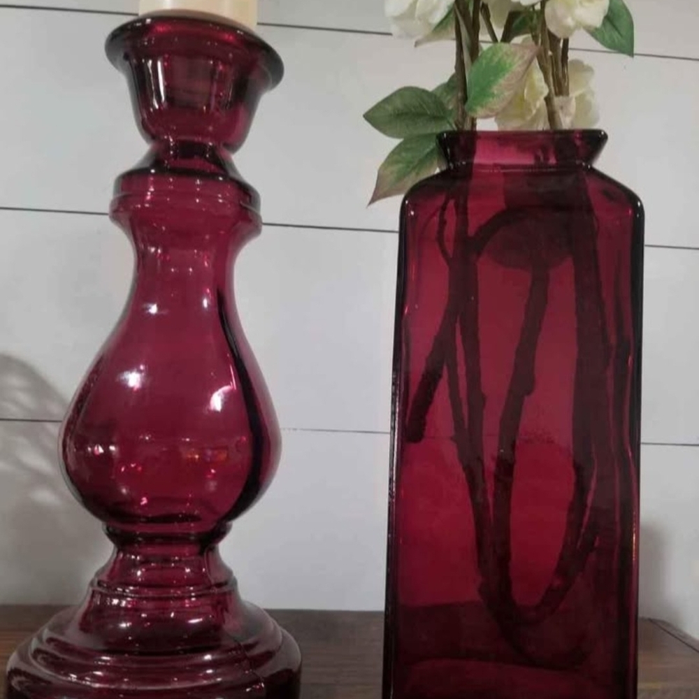 Elegant Burgundy Glass Vase with Matching Candle Holder - Picture 2 of 3